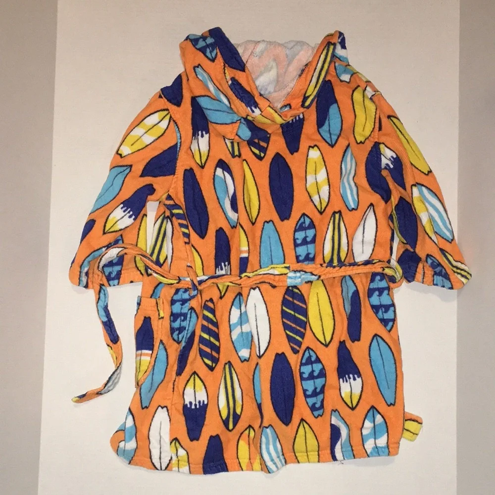 Orange Hooded Kids Robe with Surfboard Print